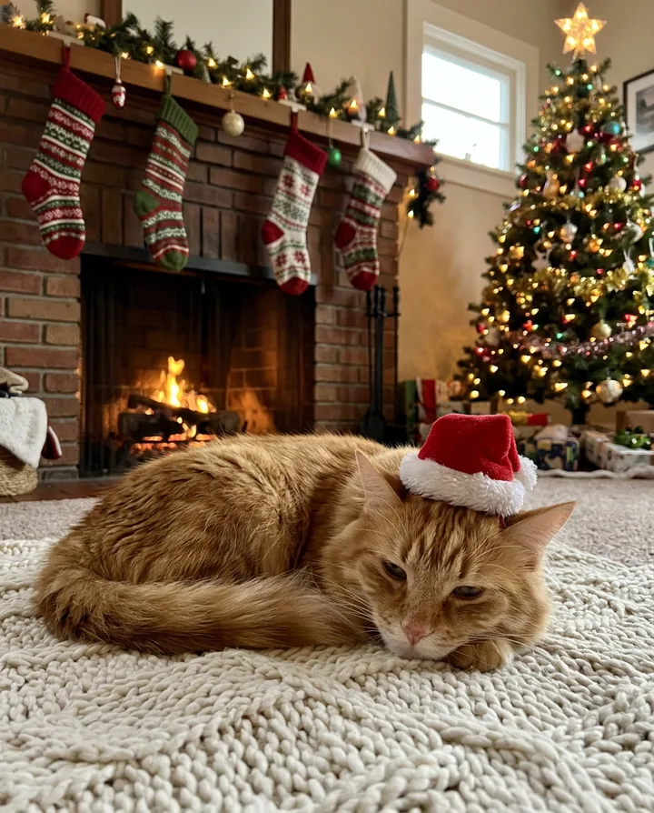 The orange tabby cat in a tiny Santa hat, curled up on a chunky knit blanket in front of a fireplace with stockings and a lit tree