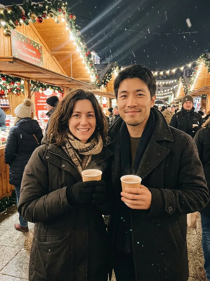 The woman and the man in winter coats holding cups of hot chocolate at a Christmas market at night, with wooden stalls, string lights and falling snow