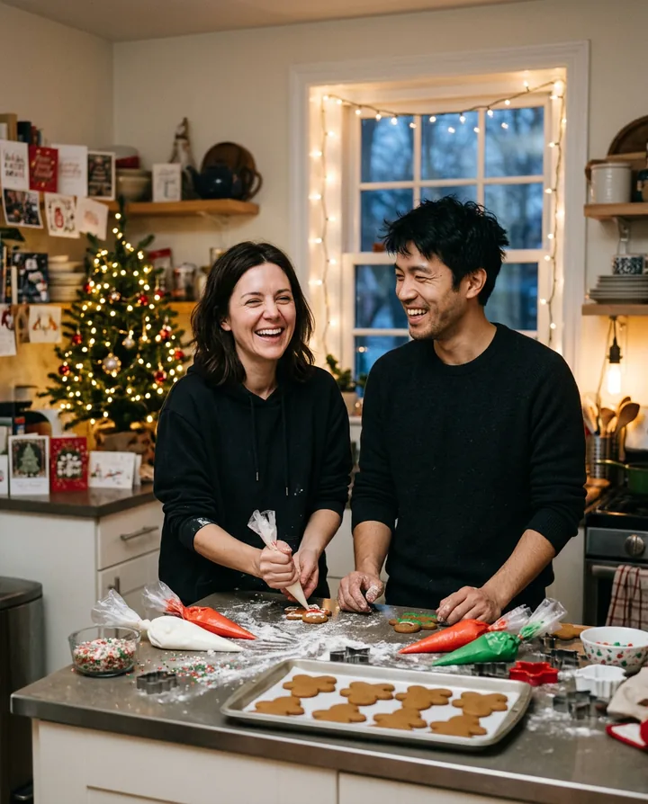 The woman and the man laughing as they ice gingerbread men in a kitchen with a small lit tree and string lights in the window