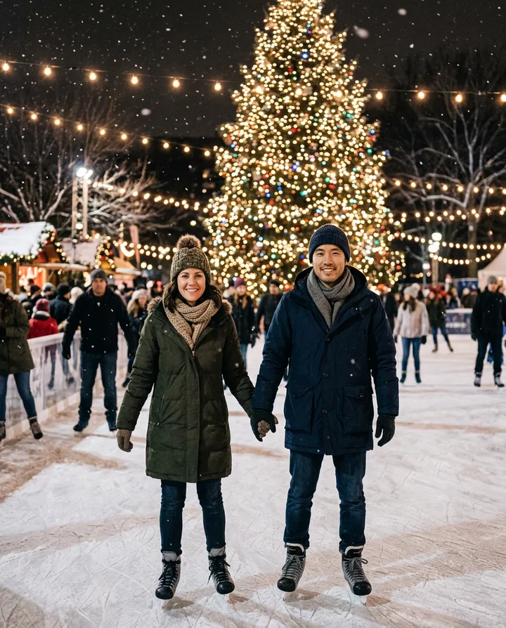 The woman and the man skating hand in hand at an outdoor ice rink at night, with a giant lit Christmas tree and strings of lights behind them
