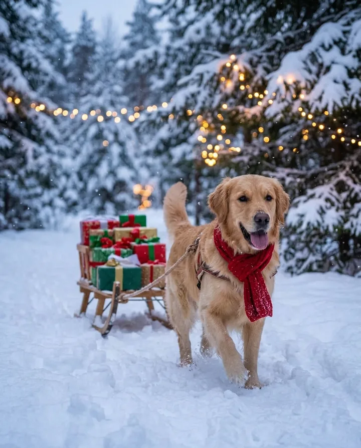The golden retriever in a red scarf pulling a small wooden sleigh piled with presents through snow, with string lights in the pines