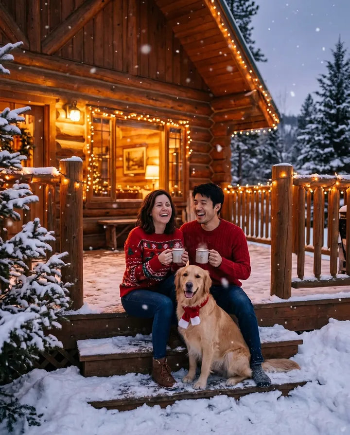 The woman, the man and the golden retriever on the snowy porch steps of a log cabin lit with Christmas lights, the two of them in red sweaters holding mugs