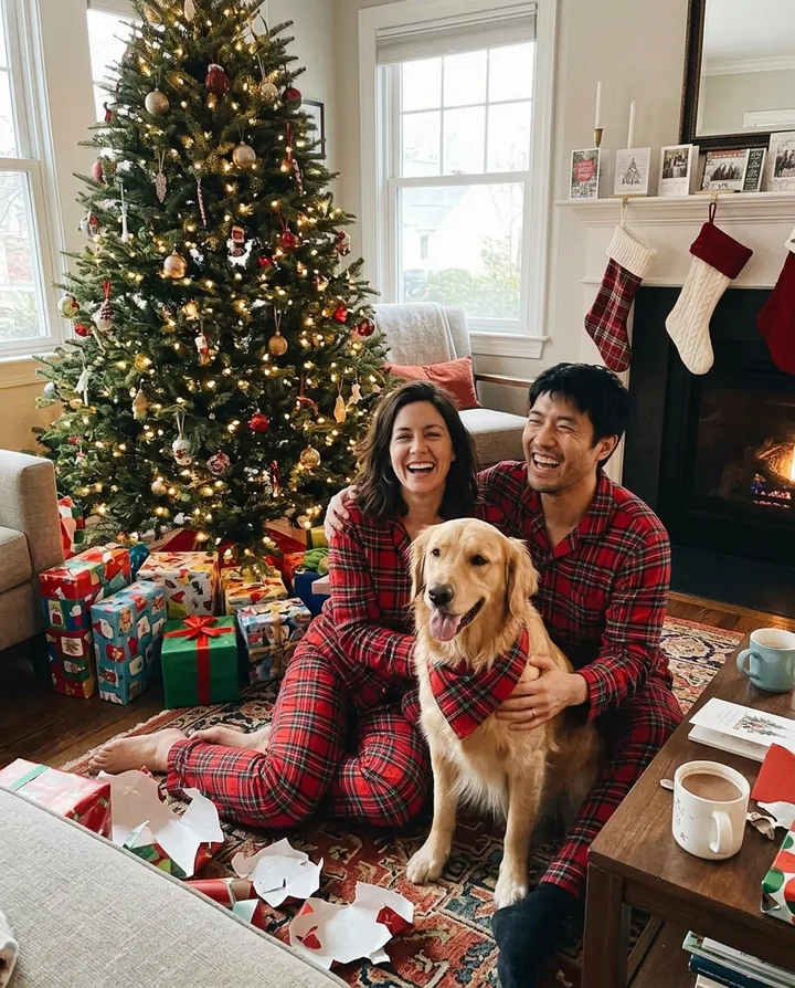 The woman, the man and the golden retriever by a Christmas tree, the two of them in matching red plaid pajamas and the dog in a plaid scarf