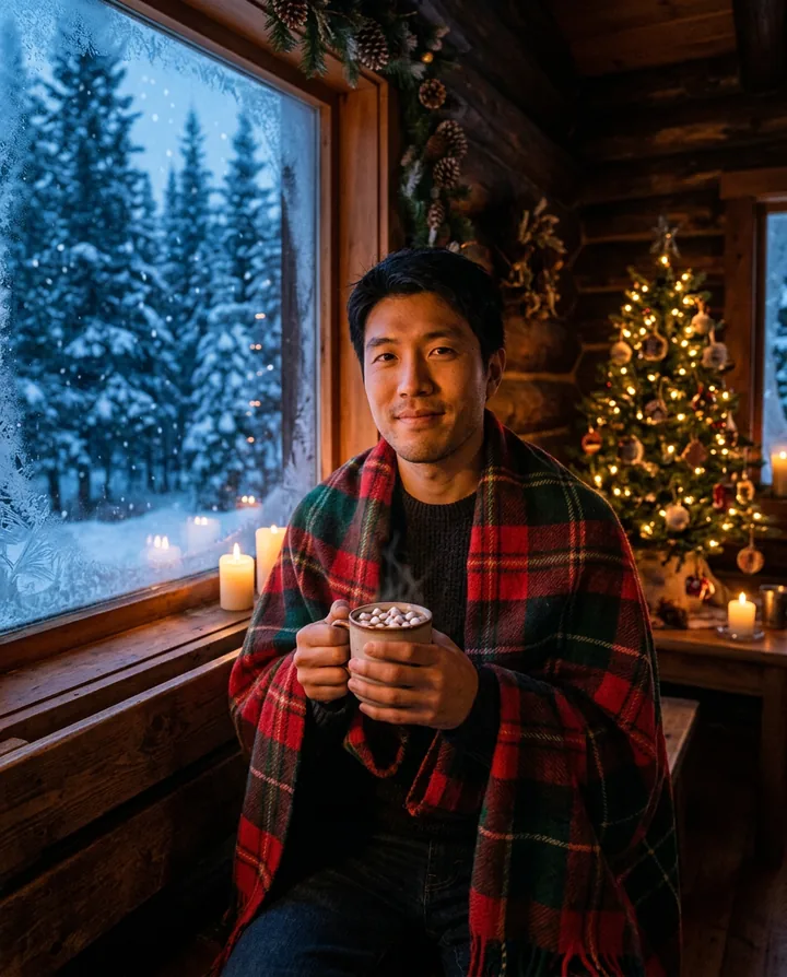 The man wrapped in a red plaid blanket holding a mug of cocoa by a frosty cabin window, snowy pines outside and a small lit tree beside him