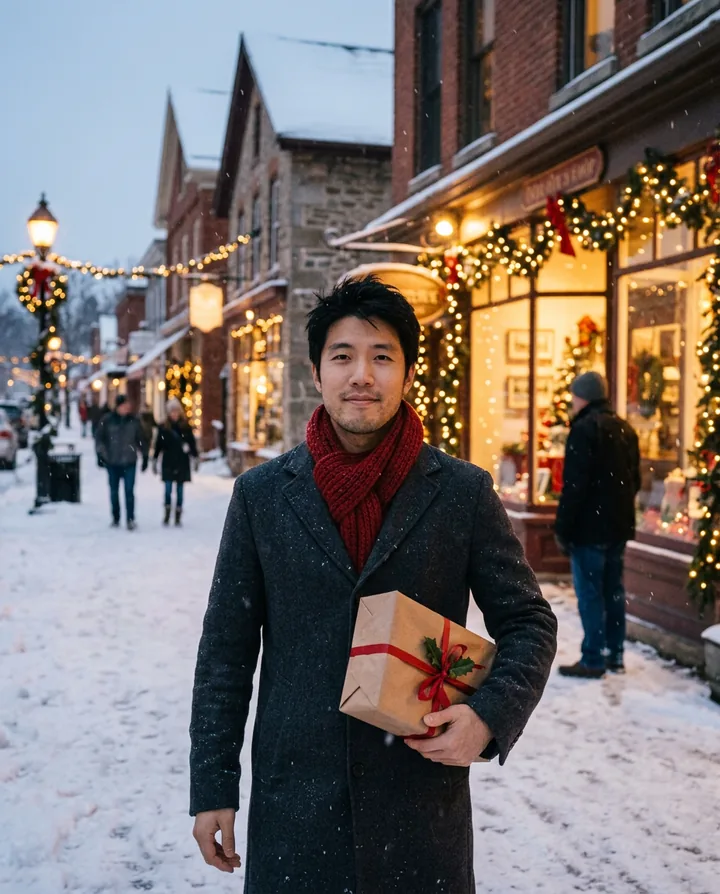 The man in a wool coat and red scarf holding a wrapped present on a snowy village street lit by shop windows and Christmas lights