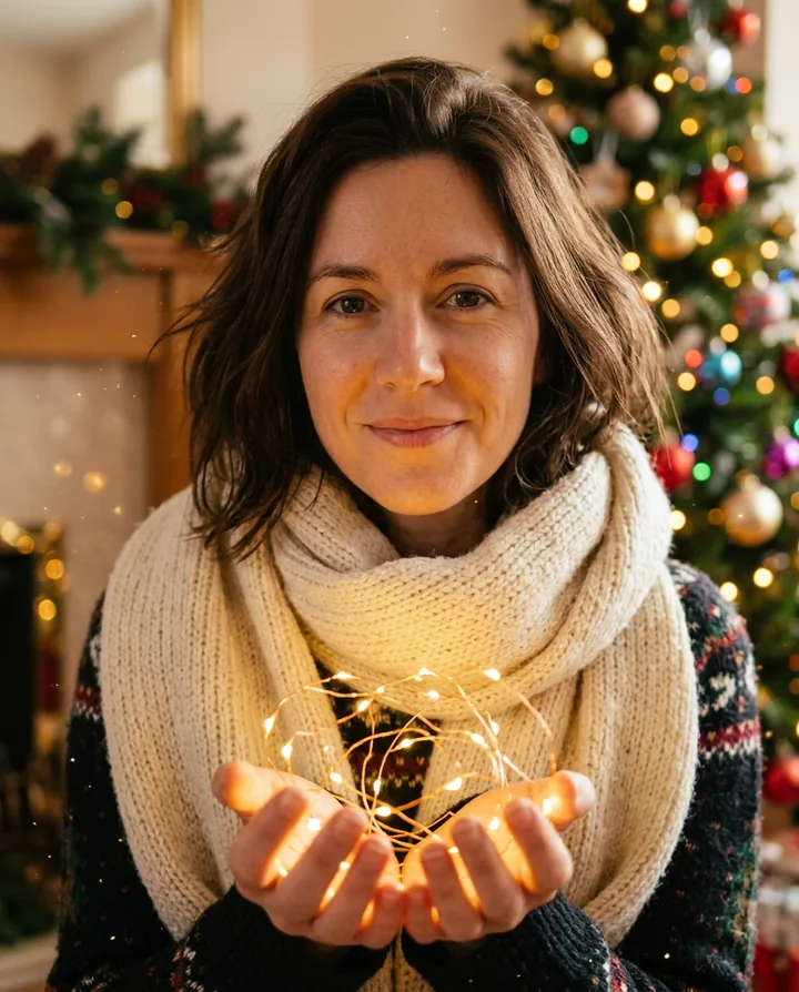 A close-up of the woman in a cream knit scarf holding a glowing string of fairy lights, with a Christmas tree blurred behind her