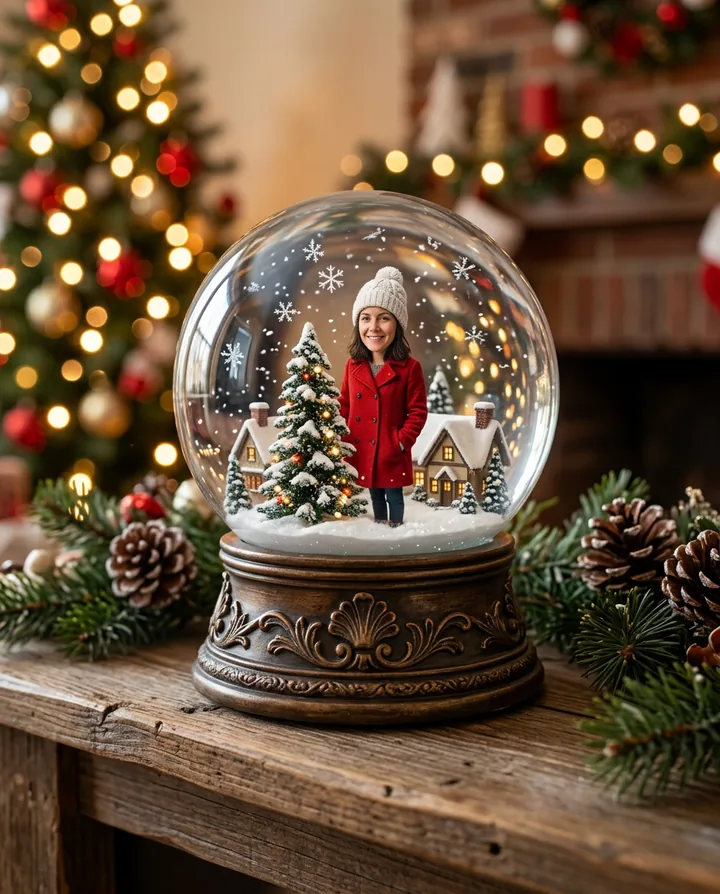 A tiny version of the woman in a red coat and white knit hat inside a glass snow globe with a snowy village, on a mantel with Christmas lights behind