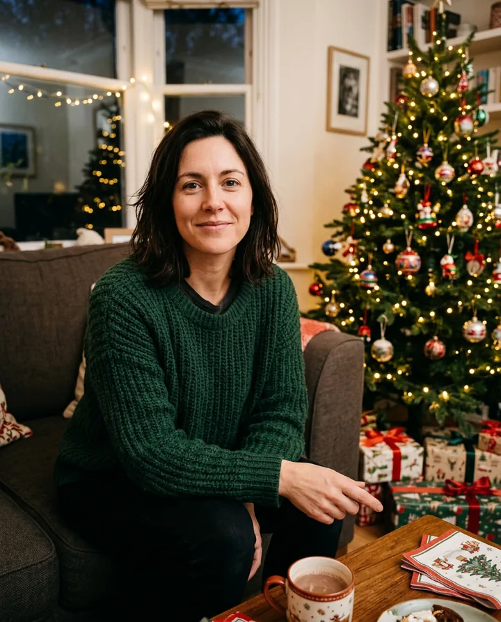 The woman in a green knit sweater on a sofa beside a decorated Christmas tree, with wrapped presents and a mug of cocoa