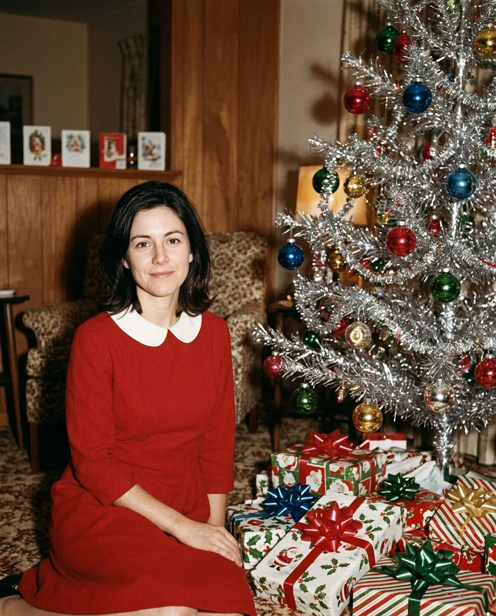 The woman in a red dress with a white collar beside a silver tinsel tree and wrapped presents, in faded 1960s film colors