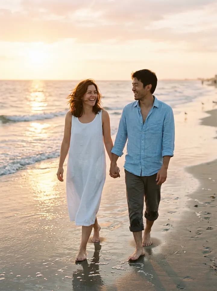 The woman in a white linen dress and the man in a light blue shirt walking barefoot on a beach at sunset, holding hands