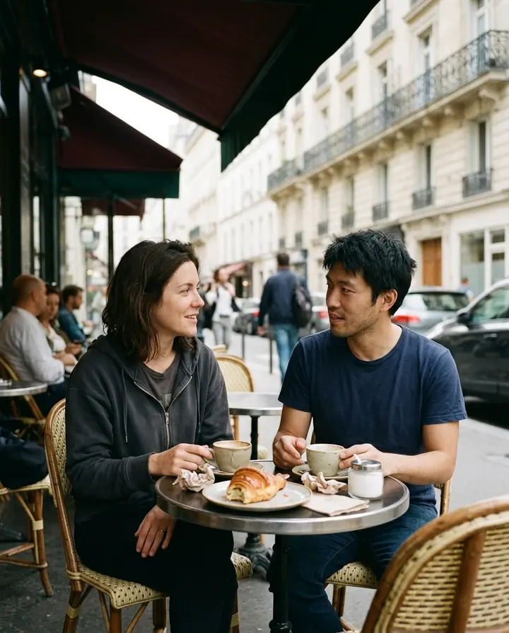 The woman and the man at a small round table outside a Parisian-style cafe with coffee and a croissant