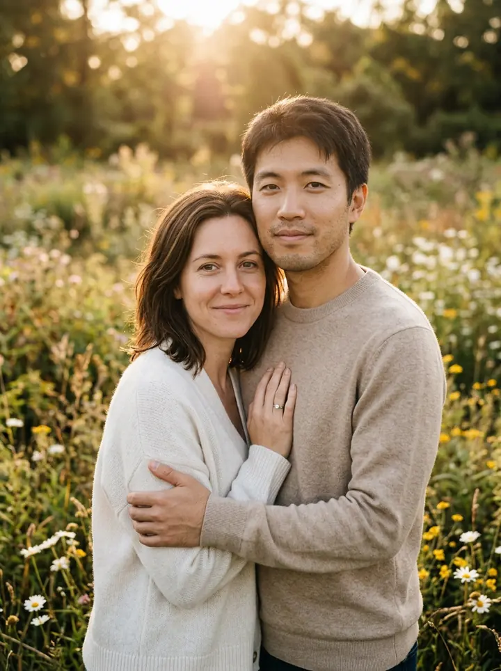 The woman and the man in neutral sweaters embracing in a field of wildflowers at sunset, looking at the camera