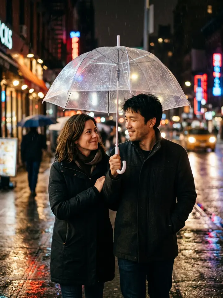 The woman and the man sharing a clear umbrella on a rainy city street at night with neon reflections
