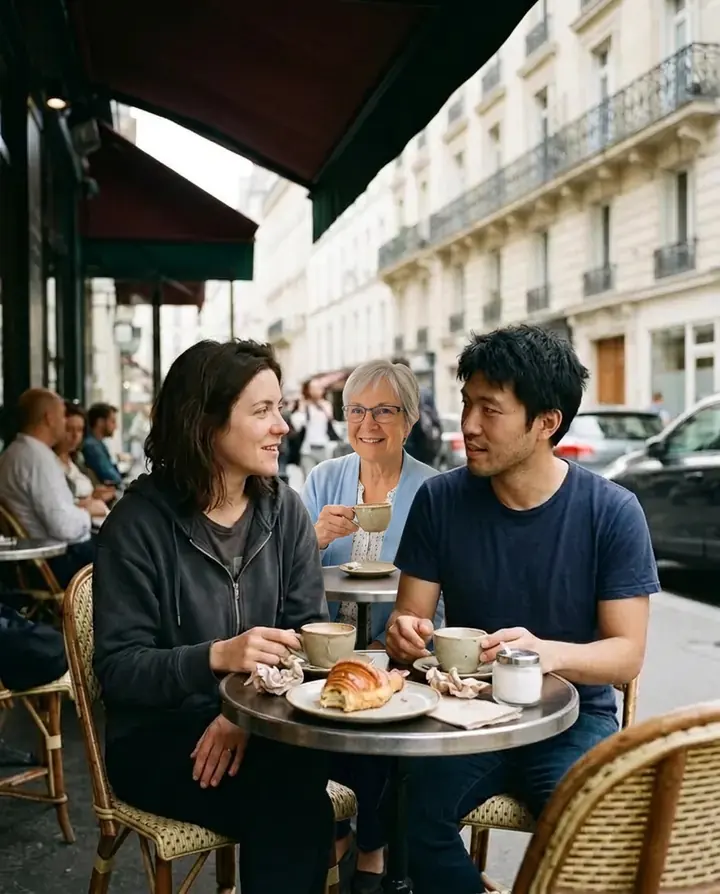 The couple at the Paris cafe table with the older woman added just behind them, holding a cup of coffee