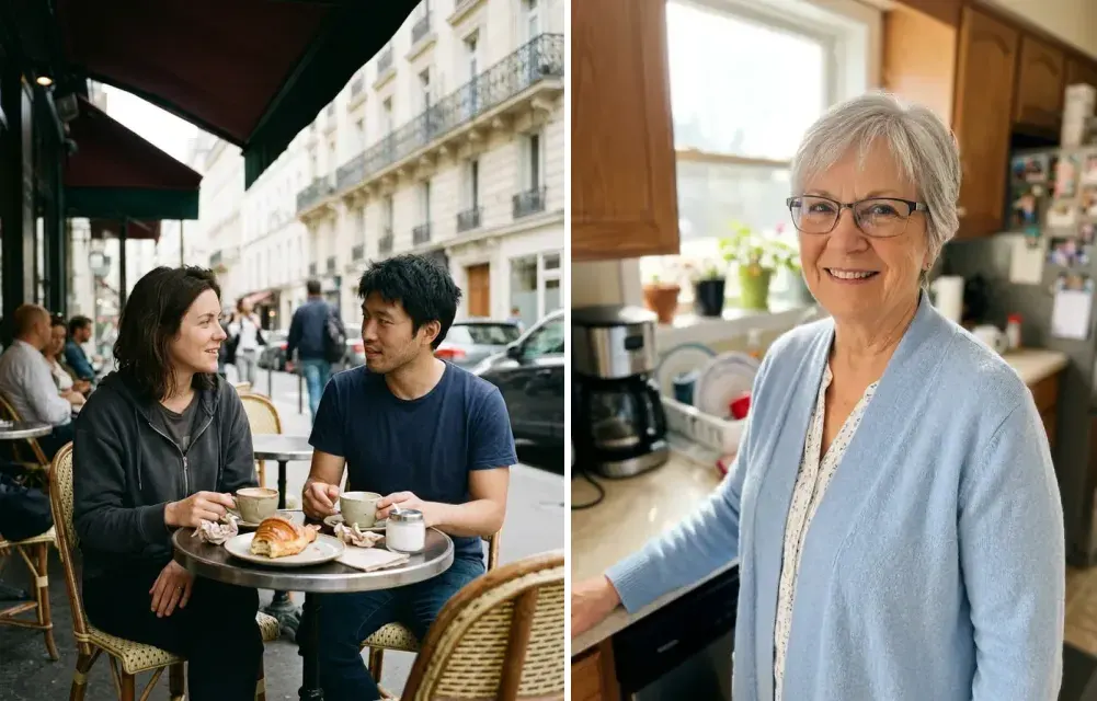 The two starting photos: the couple at a Paris cafe table and the older woman in her kitchen (both made with the model)
