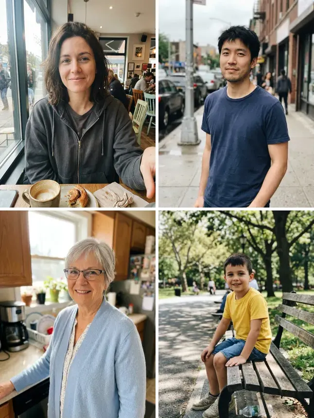 The four starting photos: the woman's cafe selfie, the man's street snapshot, an older woman in her kitchen and a boy on a park bench (all made with the model)