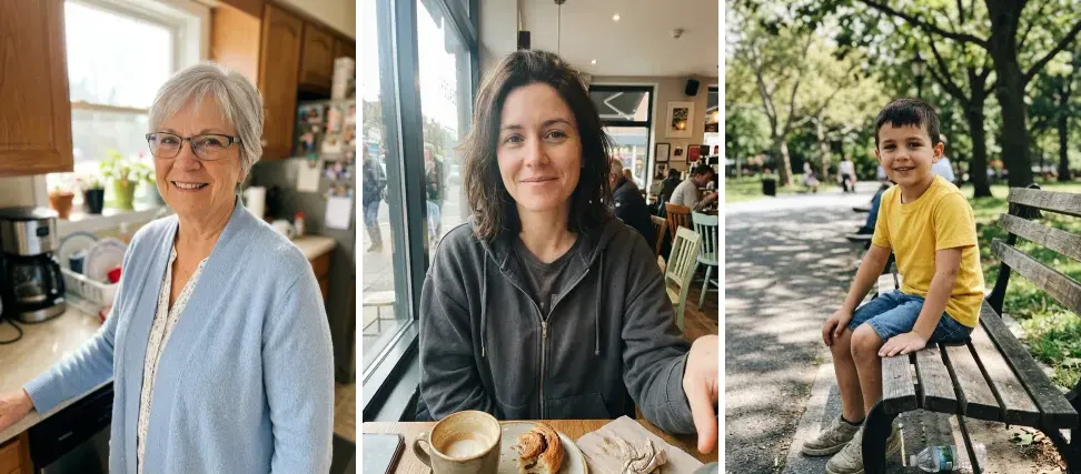 The three starting photos: the older woman, the woman's cafe selfie and the boy on a park bench (all made with the model)
