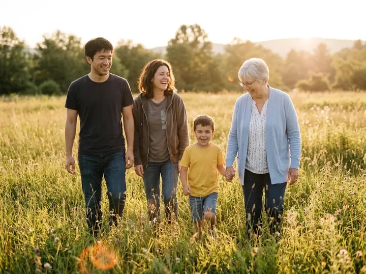 The four of them walking through a meadow at golden hour, the boy holding his grandmother's hand