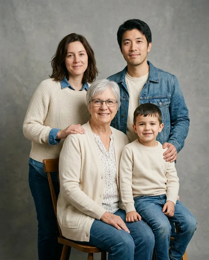 A studio family portrait of the woman, the man, the older woman and the boy in cream and denim against a gray backdrop