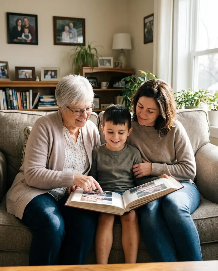 The older woman, the woman and the boy on a sofa looking at a photo album together