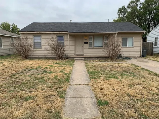 The front yard of a one-story house with a dry, half-brown lawn, a straight concrete path and three bare shrubs (made with the model)