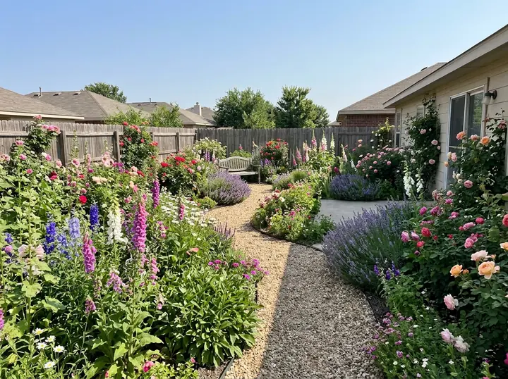 The same backyard as an English cottage garden: roses, foxgloves and lavender in curving borders, a gravel path and a wooden bench by the fence