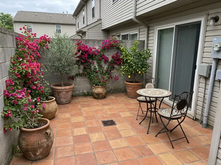 The same patio as a Mediterranean courtyard: terracotta tiles, an olive tree and a lemon tree in pots, pink bougainvillea and a mosaic table with two chairs