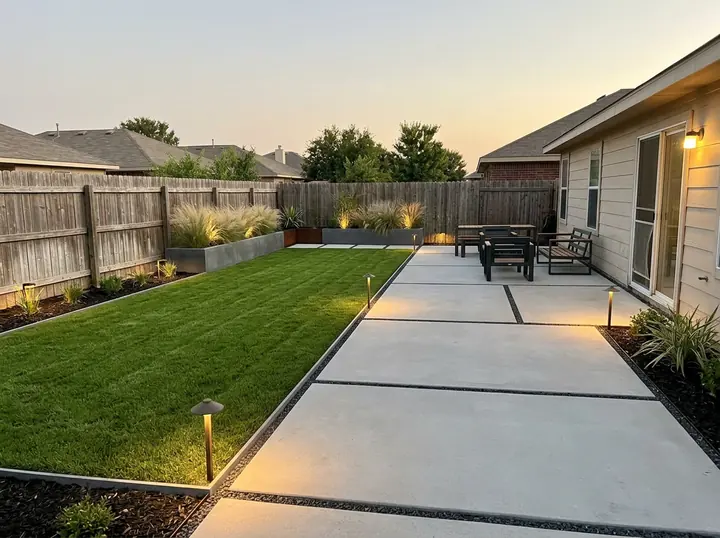 The same backyard as a modern garden at dusk: large pale pavers, dark planters of grasses along the fence, a strip of lawn and glowing path lights
