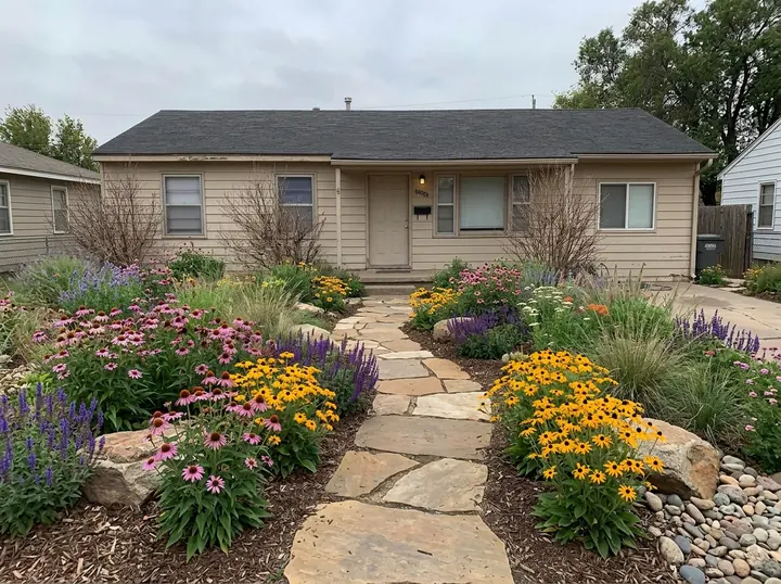 The same front yard with the lawn replaced by coneflowers, black-eyed Susans, purple salvia and grasses, and a flagstone path to the door
