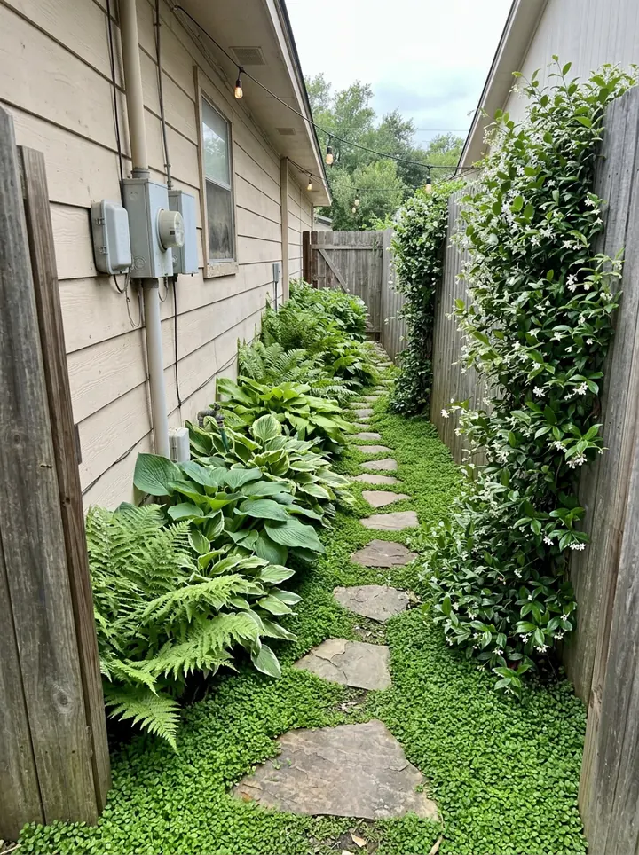 The same side yard as a garden path: stepping stones through ground cover, ferns and hostas along the house, jasmine on the fence and string lights overhead
