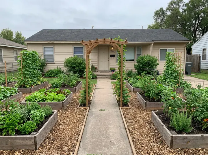 The same front yard as a kitchen garden: raised wooden beds of lettuce, tomatoes and herbs, beans on trellises, wood chips and a wooden arch over the path