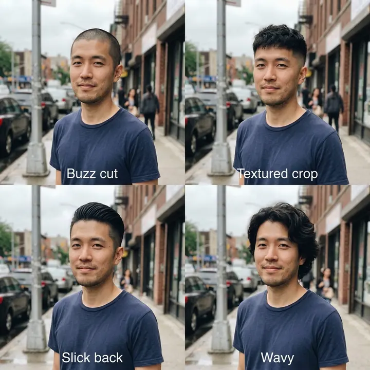 A 2-by-2 grid of the man with a buzz cut, a textured crop, a slicked-back undercut and wavy hair, each labeled