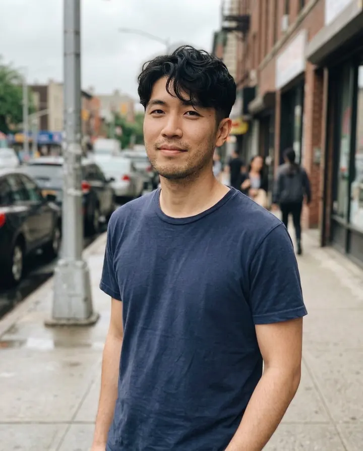 The man on the same street in the same navy t-shirt with a soft wavy perm
