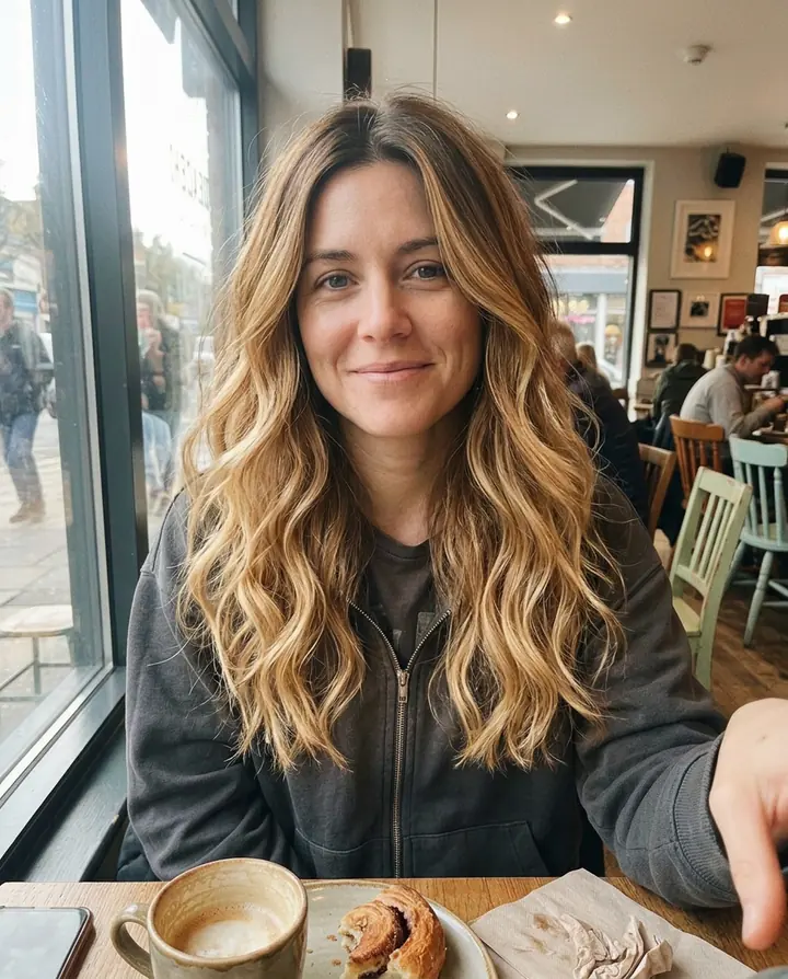 The woman in the same cafe and hoodie with long honey-blonde balayage waves