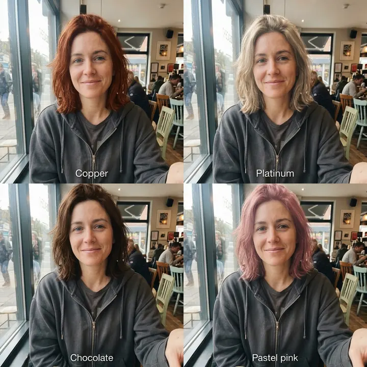 A 2-by-2 grid of the woman with copper, platinum blonde, chocolate brown and pastel pink hair, each labeled