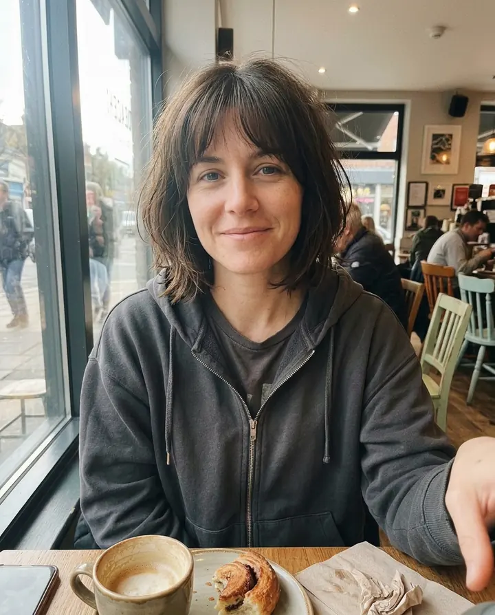 The woman in the same cafe and hoodie with a dark brown bob and bangs