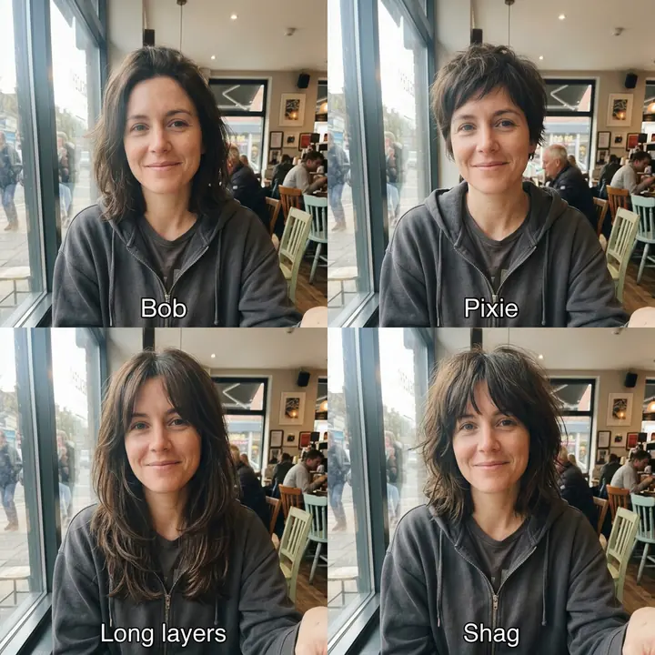 A 2-by-2 grid of the woman with a bob, a pixie cut, long layers and a shag, each labeled
