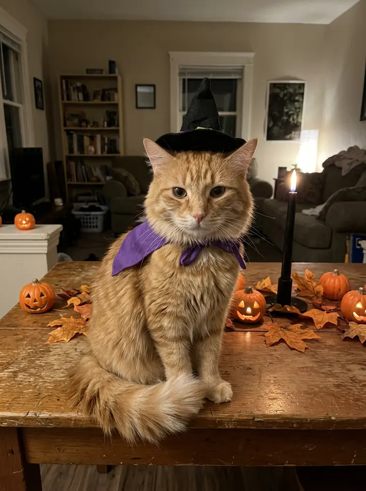 The orange tabby cat in a tiny black witch hat and purple cape, sitting on a table among carved pumpkins, a black candle and autumn leaves