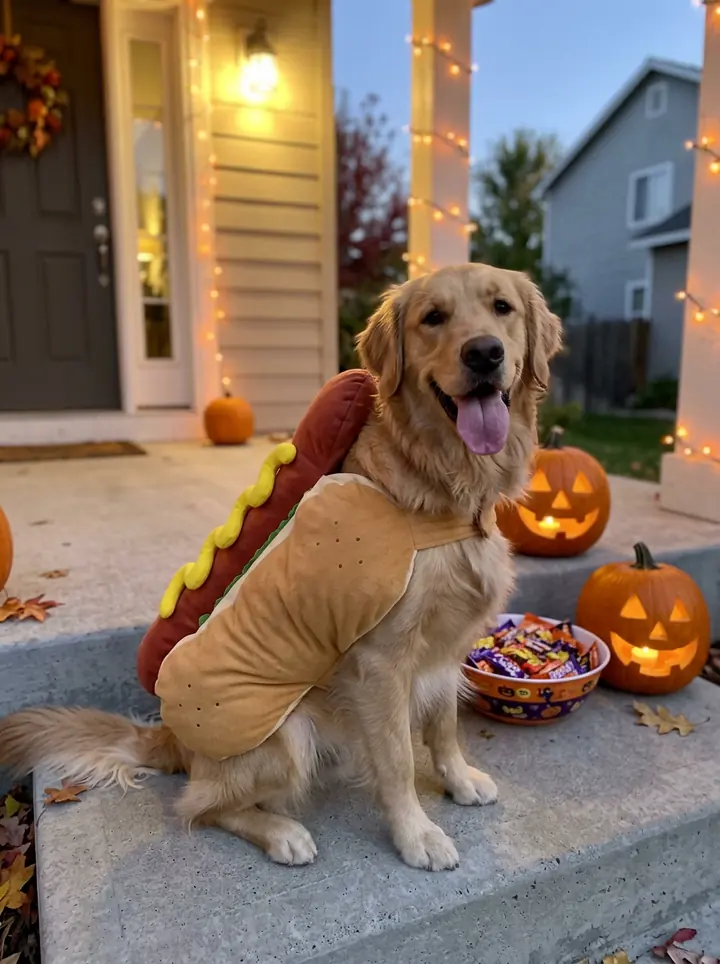 The golden retriever in a hot dog costume with a line of mustard, sitting on a porch with carved pumpkins and a bowl of candy at dusk