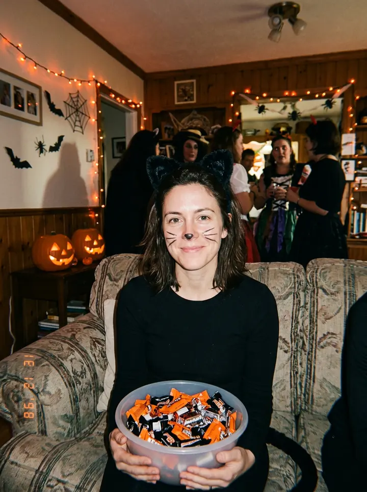The woman in cat ears with drawn-on whiskers on a patterned couch, holding a bowl of candy at a 1990s Halloween party with jack-o'-lanterns and orange lights