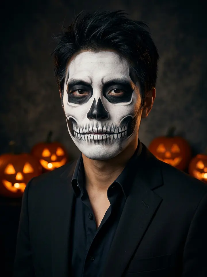 The man in neat white-and-black skeleton face paint and a black suit, with glowing carved pumpkins behind him
