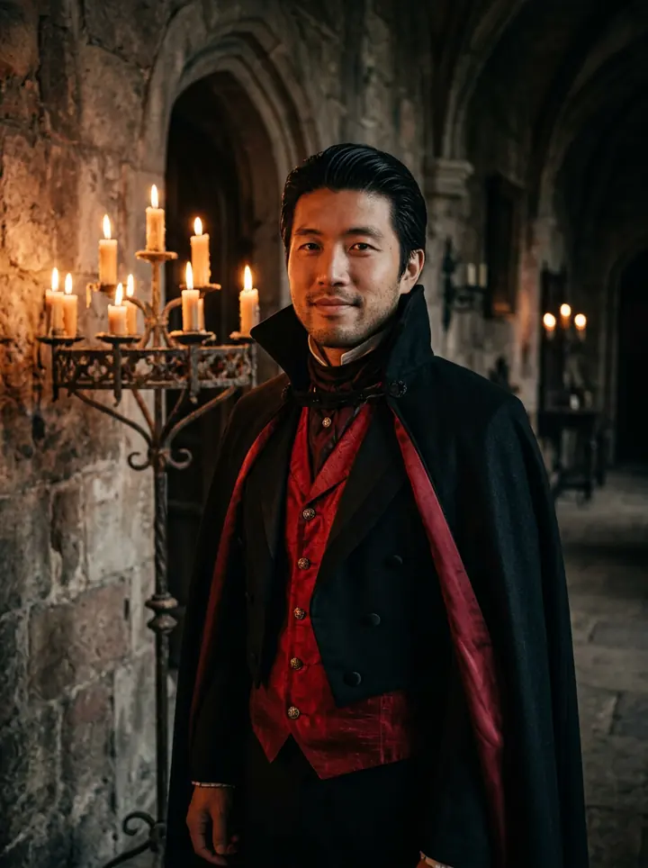 The man as a vampire in a black cape lined with red and a red waistcoat, beside a lit iron candelabra in a stone hallway