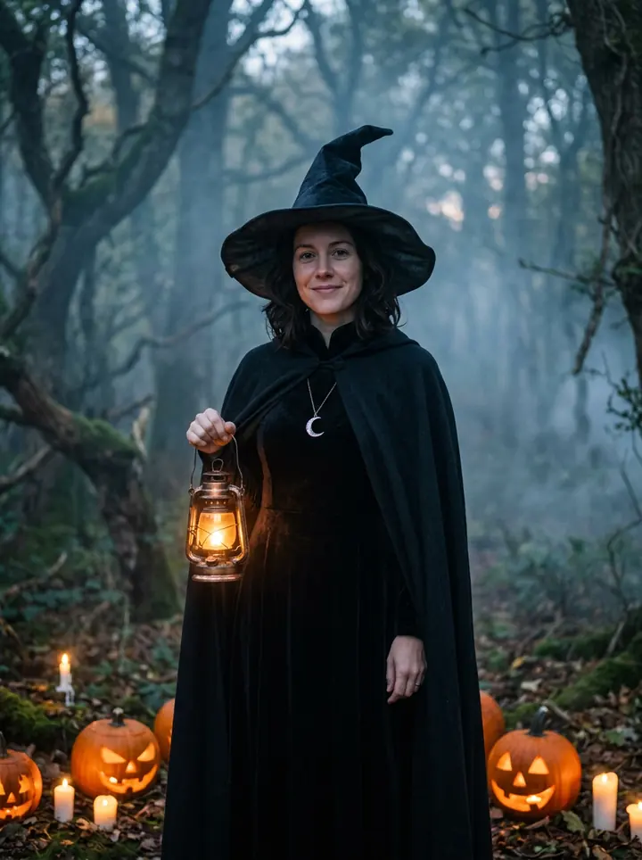 The woman as a witch in a black pointed hat, velvet dress and cape, holding a lantern in a misty forest with carved pumpkins and candles
