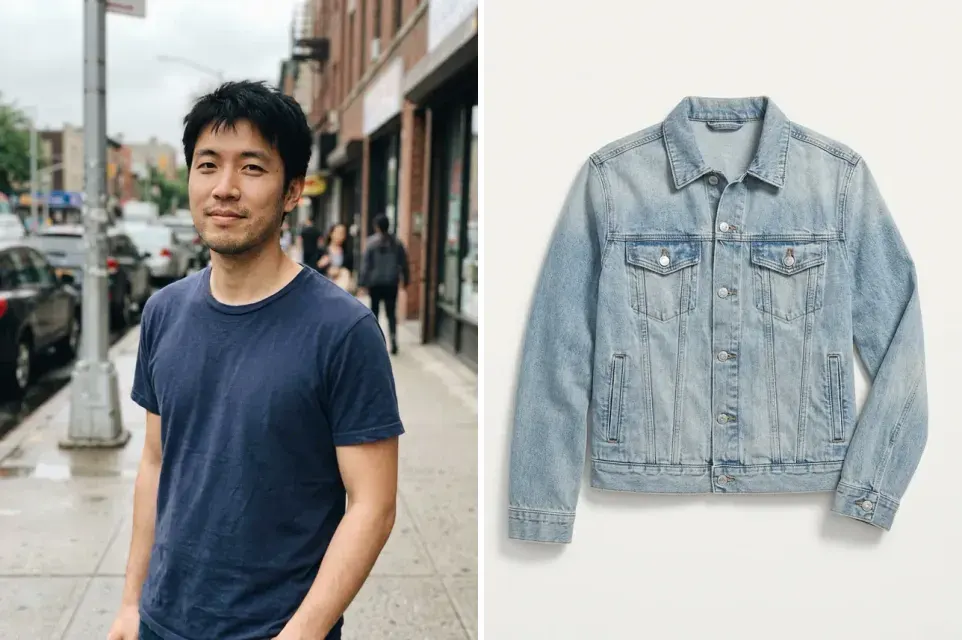 The two starting photos: the man's street snapshot and a product photo of a light denim jacket (both made with the model)