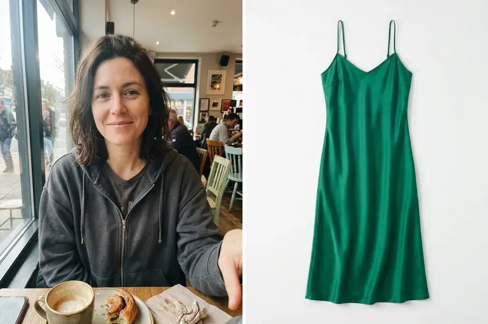 The two starting photos: the woman's cafe selfie and a product photo of a green satin slip dress (both made with the model)