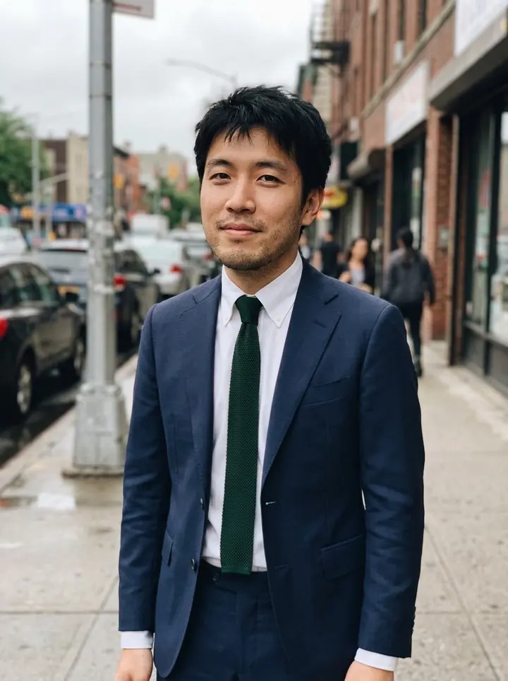 The man on the same street in a navy suit, white shirt and dark green knit tie