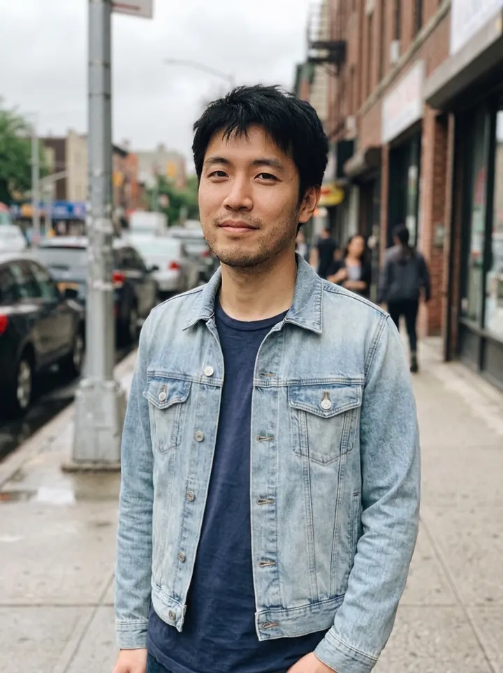 The man on the same street wearing the light denim jacket from the product photo, open over his navy t-shirt