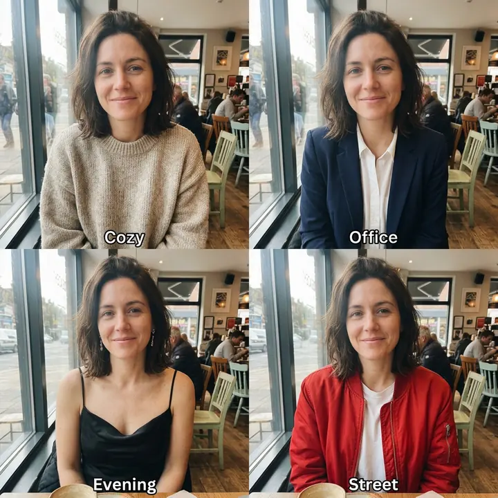 A 2-by-2 grid of the woman in a knit sweater, a navy blazer, a black satin evening dress and a red bomber jacket, each labeled