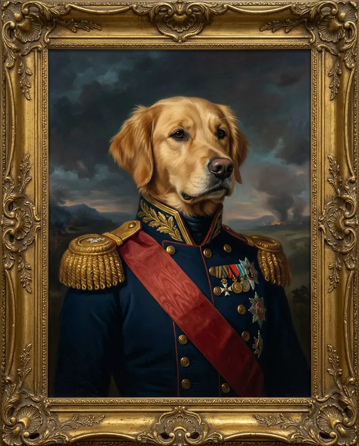 An oil painting of the golden retriever as a general in a navy coat with gold epaulettes, a red sash and medals, in a gilded frame