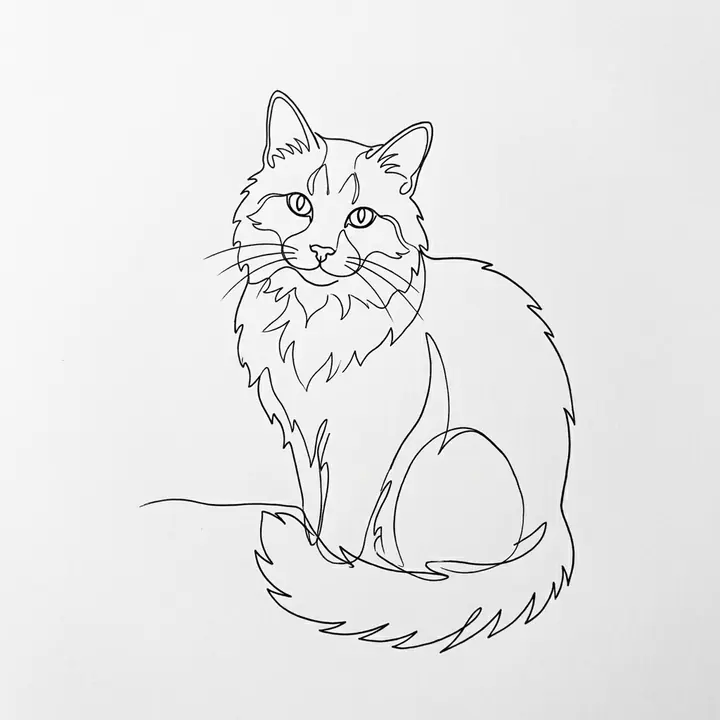 A minimalist black line drawing of the orange tabby cat on white paper